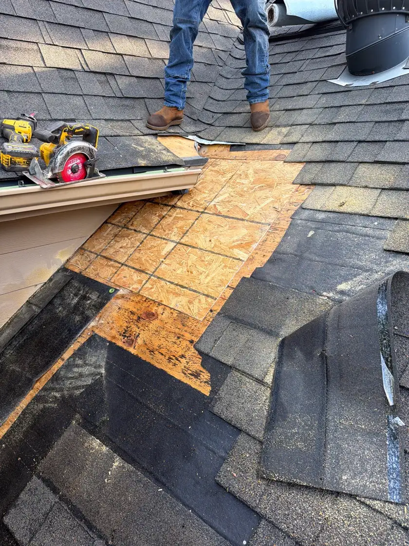 Roofers replacing rotten plywood decking during a shingle tear-off on a Houston-area home